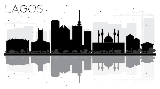 Lagos City skyline black and white silhouette with reflections. Vector illustration. Cityscape with landmarks.