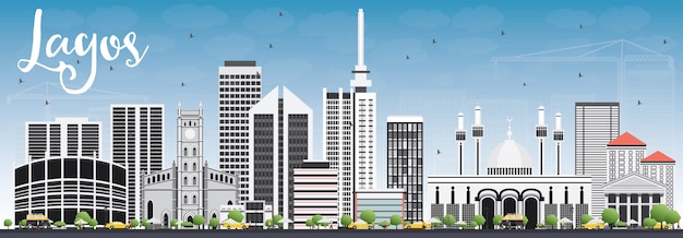 Vector lagos skyline with gray buildings and blue sky.