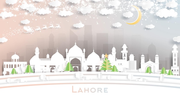 Lahore pakistan city skyline in papier gesneden stijl met sneeuwvlokken maan en neon garland