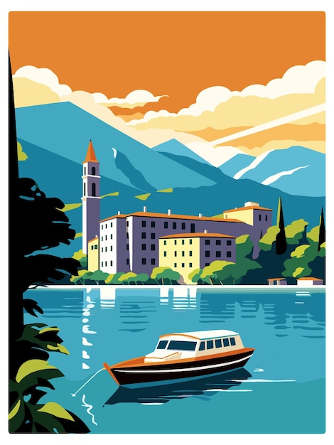 Vector lake como italië decoratie vintage reisposter souvenir ansichtkaart portret schilderij illustratie