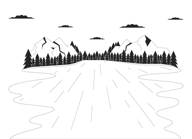 Lake forest mountains black and white cartoon flat illustration