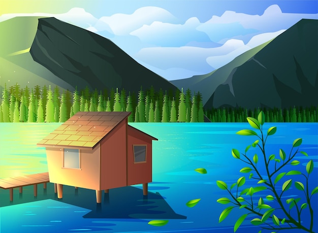 Lake house landscape art illustration