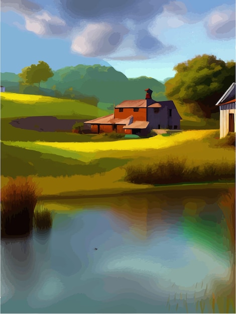 Lake huizen zomer natuurlijke landschap vector illustratie cartoon prachtige landelijke landschap