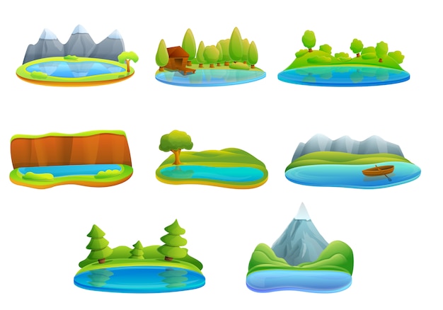 Vector lake icon set, cartoon style