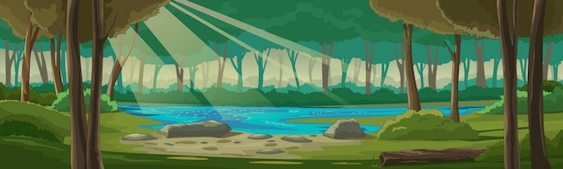 Lake in het bos Landschap zomerbos met een vijver in een open plek Panorama natuur bladverliezende bosbomen die gevallen droge boomstruiken op de kust opruimen zonnestralen Vector cartoon illustratie