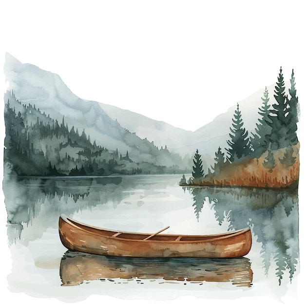 Vettore paesaggio del lago con illustrazione vettoriale di canoa in stile acquerello