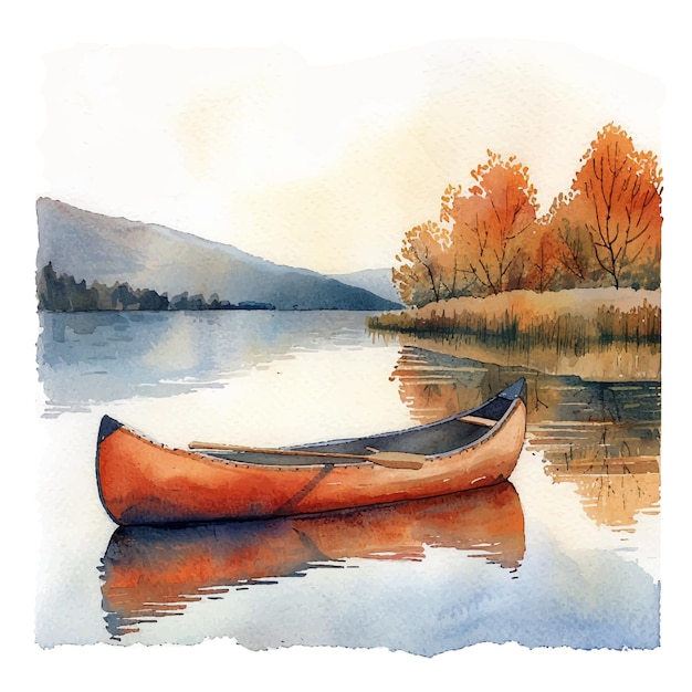 lake lanscape with canoe vector illustration in watercolour style