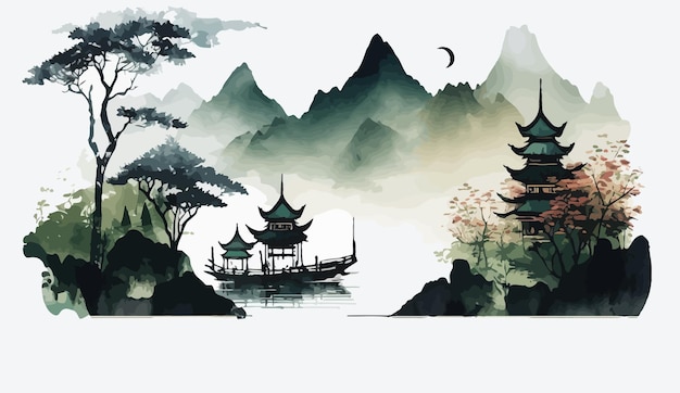 Lake and mountain landscape in chinese style background Lake and mountain landscape in chinese style background