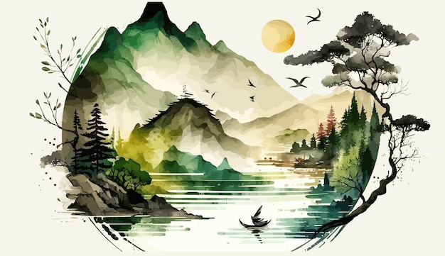 Vector lake and mountain landscape in chinese style background in traditional oriental minimalistic japanese style vector illustration