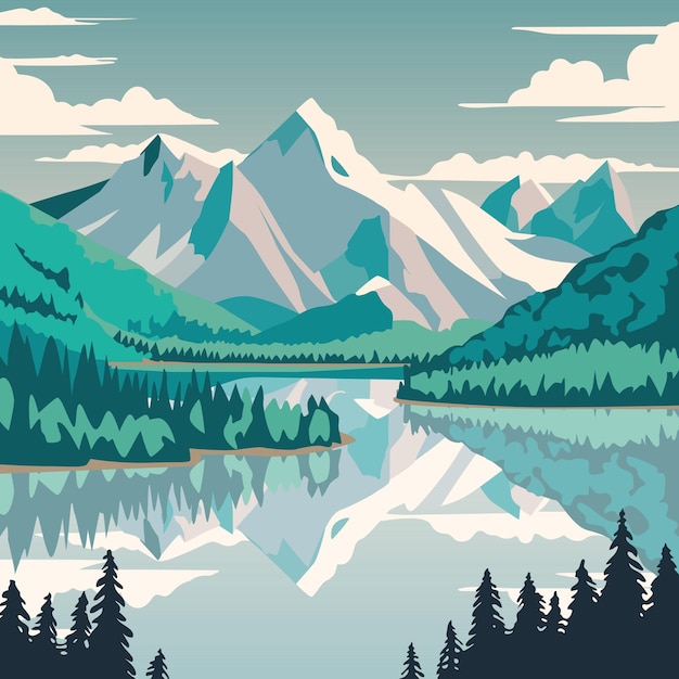 Vector lake and mountain landscape free vector flat design