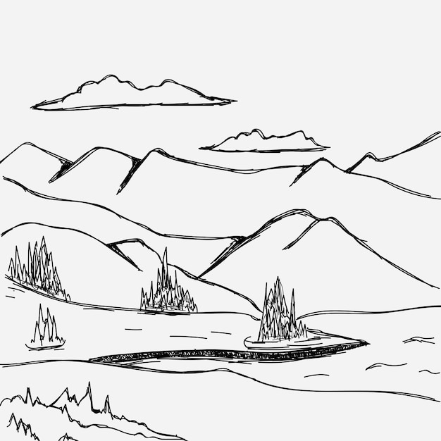Эскиз дизайна иллюстрации пейзажа озера и горы, с черным контуром, нарисованным вручную