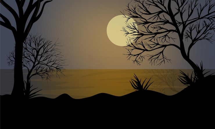 Vector lake and mountain with moon landscape illustration wild natural background