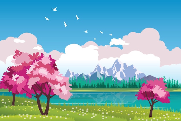 Vector lake in the mountains landscape illustration