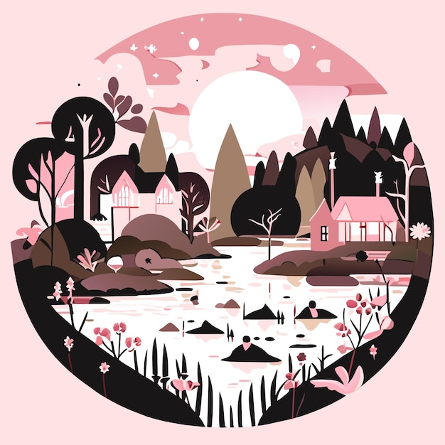 Vector lake at night light of a little medieval town hand drawn cartoon sticker icon concept isolated