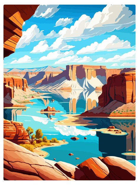 Vettore lago powell arizona vintage poster di viaggio souvenir cartolina ritratto pittura illustrazione wpa