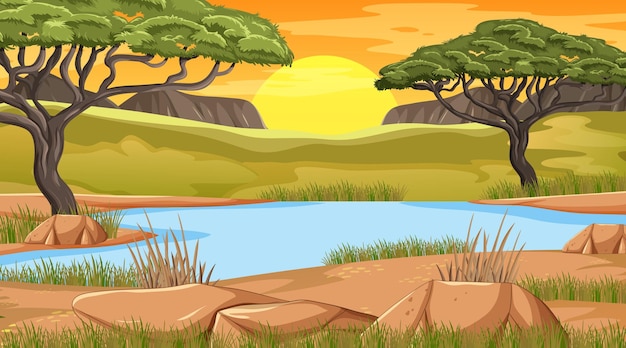 Vector lake in savanna forest at sunset time