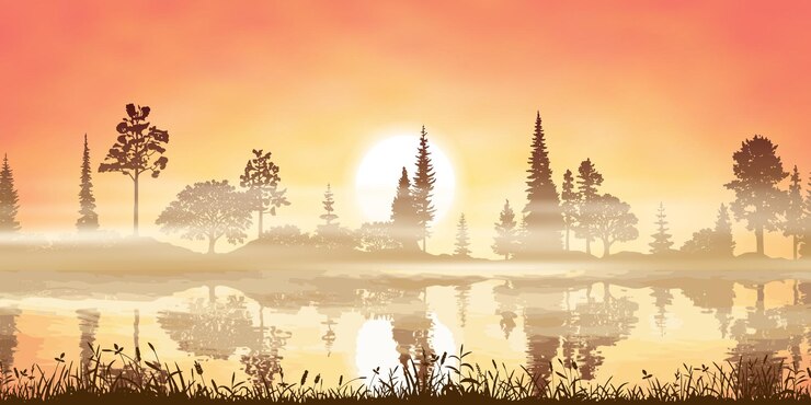 Vector lake at sunset the sun is setting behind the forest illustration
