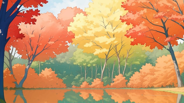 Lake Surrounded by Mountains and Autumn Trees Hand Drawn Painting Illustration