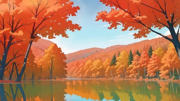 Vettore lake surrounded by mountains and autumn trees hand drawn painting illustration