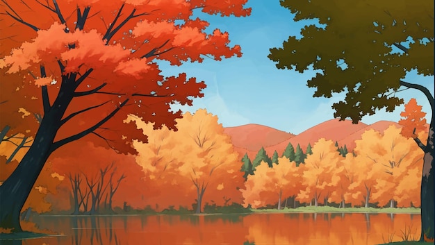 Vector lake surrounded by mountains and autumn trees hand drawn painting illustration