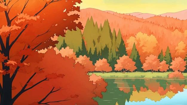 해가 뜨거나 해가 지는 동안 산과 가을의 나무로 둘러싸인 호수 손으로 그린 그림 일러스트레이션