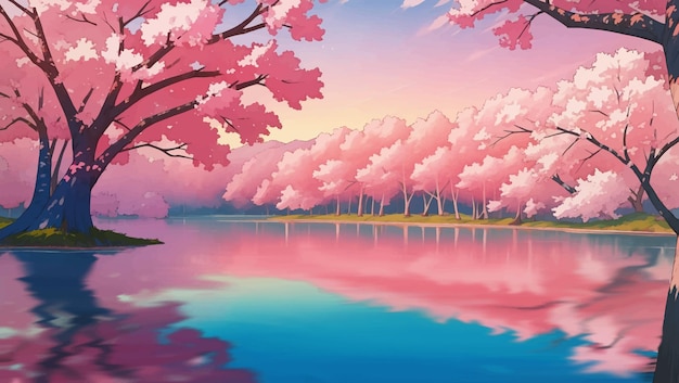 Vettore lago circondato da alberi di sakura fiori di ciliegio al crepuscolo o all'alba illustrazione di pittura disegnata a mano