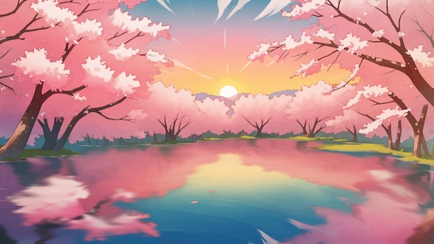 Lake Surrounded by Sakura Trees Cherry Blossoms at Dusk or Dawn Hand Drawn Painting Illustration