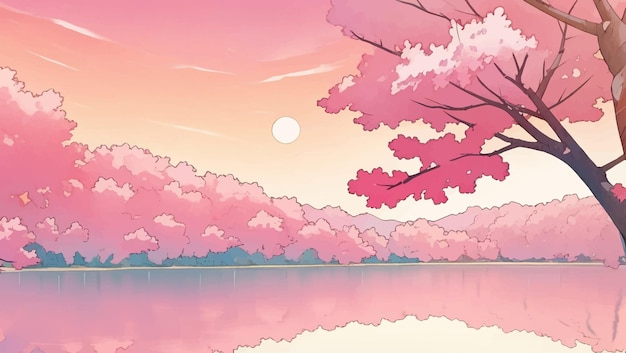 Озеро, окруженное деревьями сакуры, цветы вишни в сумерках или на рассвете Иллюстрация, нарисованная рукой