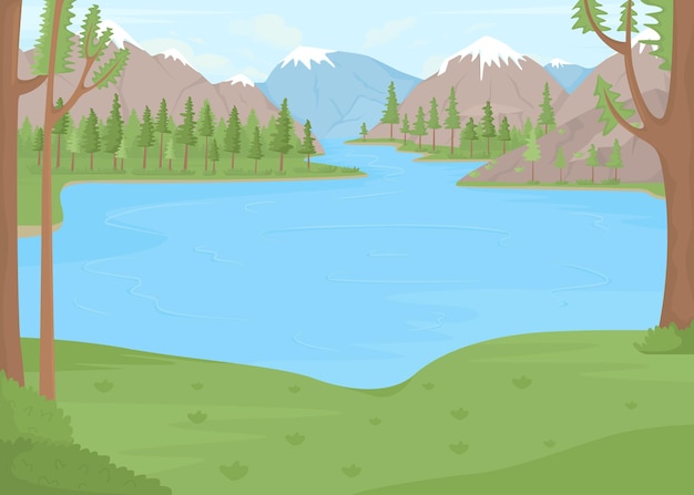 Vector lake surrounded by snow capped mountains flat color vector illustration