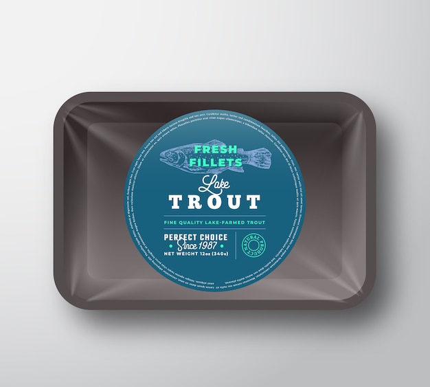 Vector lake trout fillets. abstract vector fish plastic tray with cellophane cover packaging design