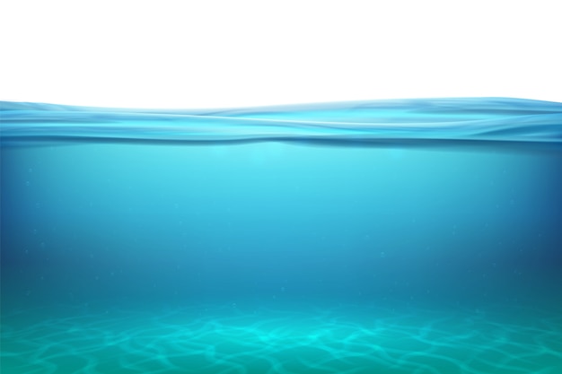 Вектор Подводные поверхности озера. расслабьтесь на фоне голубого горизонта под поверхностью моря, очистите нижний бассейн с естественным видом и солнечными лучами.