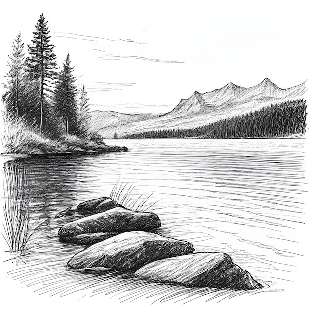 Lake vector Monochrome schets tekening zwart-wit monochrome gravure stijl