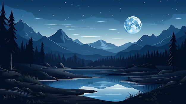 Vector a lake with a full moon and trees in the background