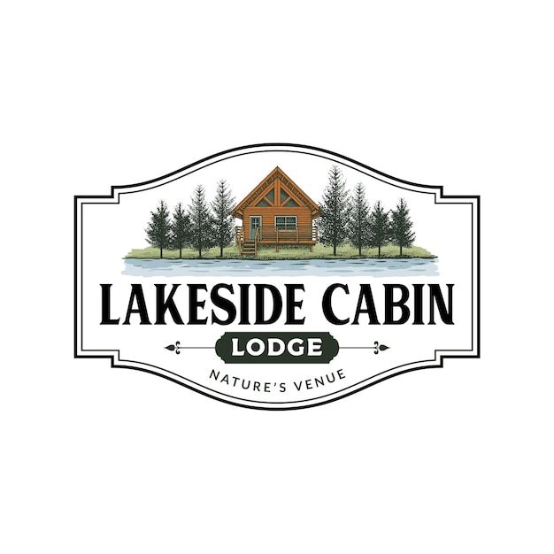Vector lakeside cabin logo template hand drawn illustration and vector stock colored