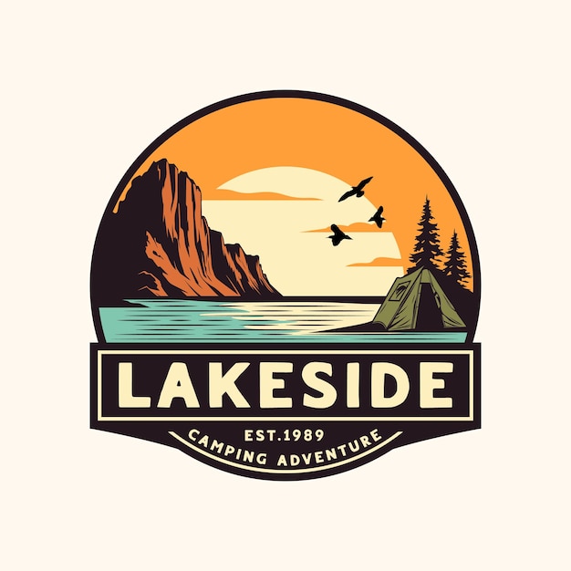 Vector lakeside camping badge mountain and pine trees