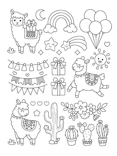 Vector lama alpaca met cactus en verjaardag icoon kleurplaat pagina illustratie