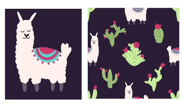 Modello senza cuciture di lama alpaca con cactus illustrazione vettoriale di carattere vivaio in stile infantile