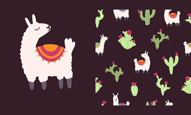 Modello senza cuciture di lama alpaca con cactus illustrazione vettoriale di personaggi della scuola materna in stile cartone animato