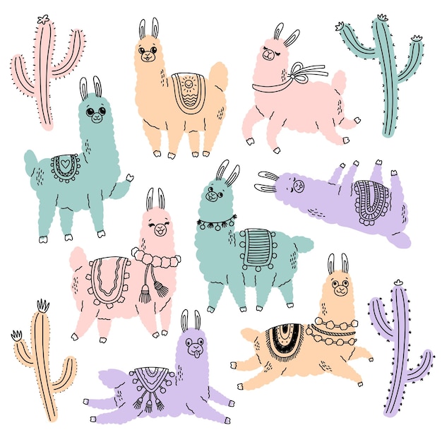 Vector lama and cactus color doodle vector illustration