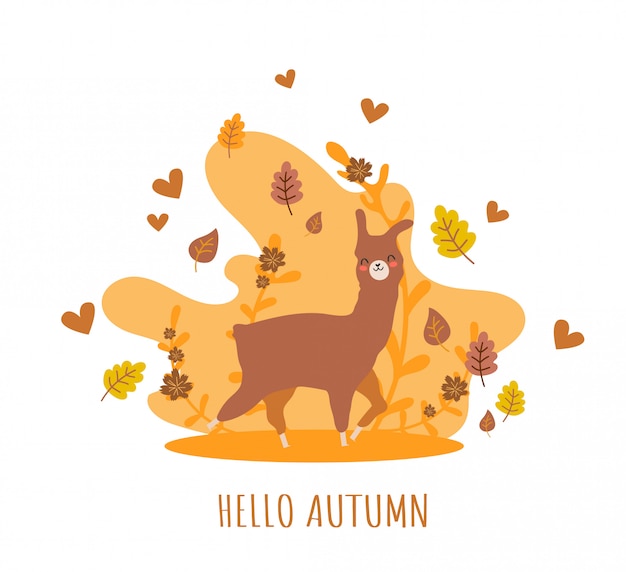 Vector lama met hartjes en veel details. grappige alpaca. hallo herfst.