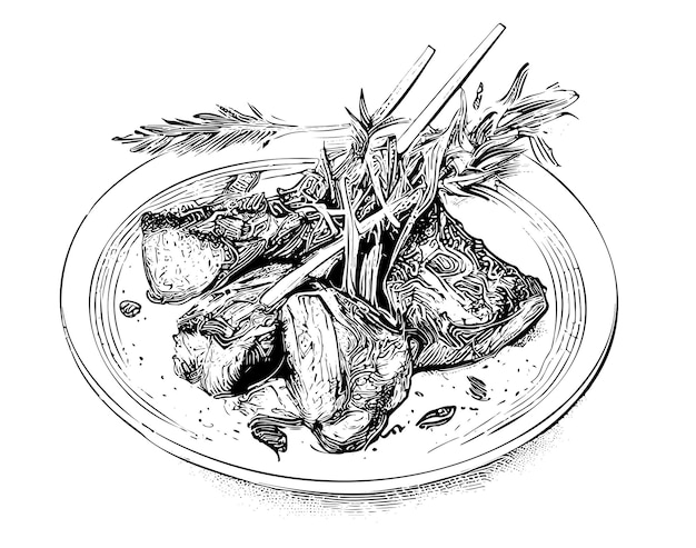プレート手描きのスケッチ ラテン アメリカ料理レストラン ビジネス コンセプトに子羊の肋骨