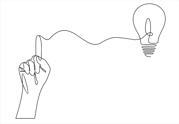 Lamp aan de hand één doorlopende lijn tekening elektrische lamp brainstorm lineair symbool