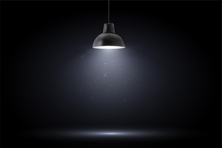 Vector lamp in dark room. spotlight on black background.