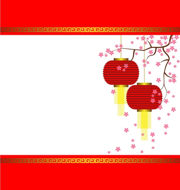 Lamp and Sakura on Chinese New Year Background