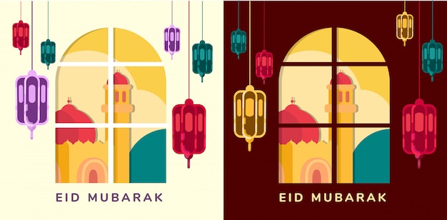 Lampen en moskee op raam eid mubarak blijven thuis idul fitri begroetende lichte en donkere modus platte suqare