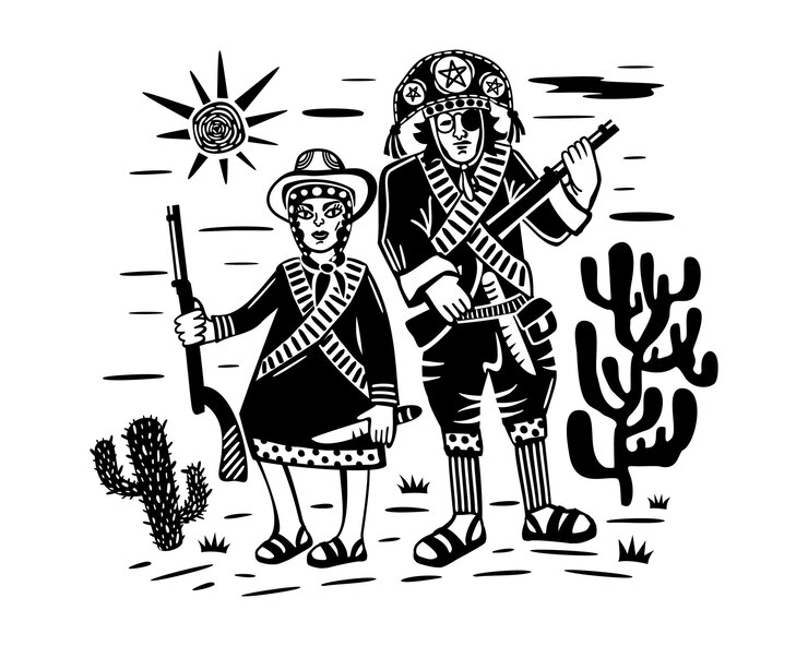 Vector lampiao en maria bonita bandits volkshelden van brazilië braziliaanse cordel stijl noordoostelijke houtsnede
