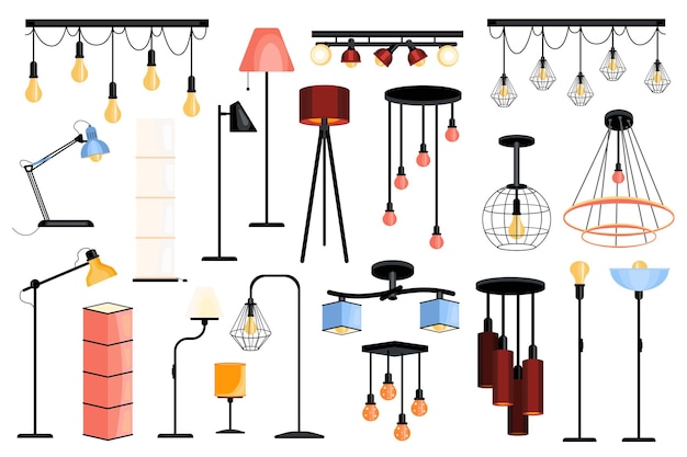 Lamps set graphic elements in flat design Bundle of different types of table and floor lamps chandeliers hanging light bulbs with modern lampshades and other Vector illustration isolated objects