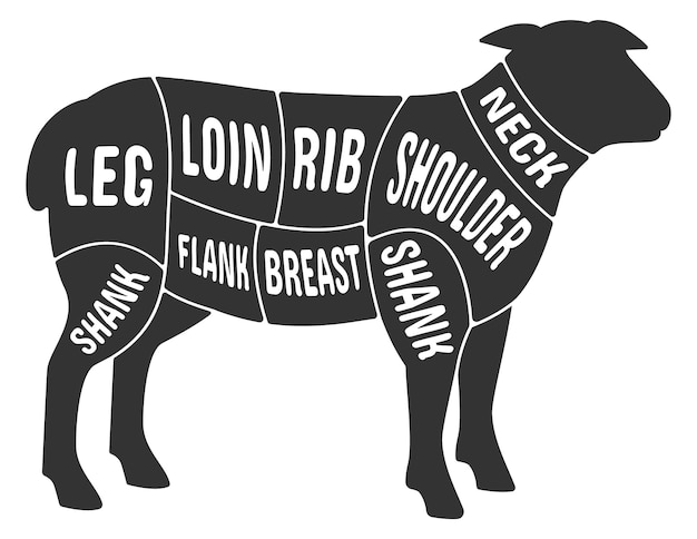 Vector lamsvlees gesneden schema slager zwart diagram