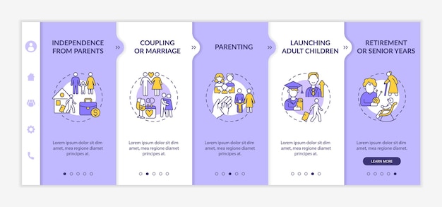 Lancering van volwassen kinderen onboarding vector sjabloon. Responsieve mobiele website met pictogrammen. Webpagina walkthrough 5 stappen schermen. Senior jaar kleurconcept met lineaire illustraties