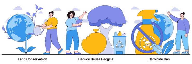 Vector land conservation rrr reduce reuse recycle herbicide ban concepts with people characters plants growing nature protection natural fertilizers use abstract vector illustration pack